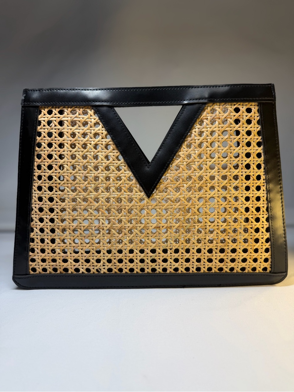 Rattan Cane V Handle Clutch Handbag Black Natural Woven Structured Purse
